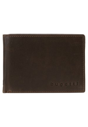 Brun læderpung med en glat overflade, udstyret med et præget logo, kompakt form og elegante stikninger langs kanterne.