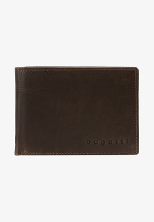 Brun læderpung med en glat overflade, udstyret med et præget logo, kompakt form og elegante stikninger langs kanterne.