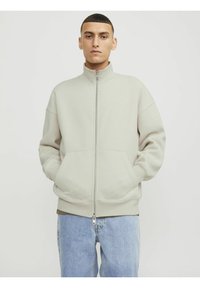 Lys grå zip-up jakke med høj krave, drop skuldre, to forlommer og ribbede manchetter. Båret sammen med lyseblå jeans.