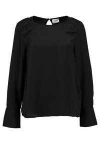 Musta pitkähiha blouse, joka on valmistettu sileästä kankaasta. Siinä on pyöreä kaula-aukko, avainreikäselkäosa ja levenevät hihansuut. Yksinkertainen, tasavärinen muotoilu.