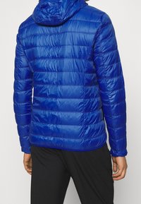 Blaue isolierte Jacke mit glänzender Oberfläche, horizontalem Steppmuster und Kapuze. Sie verfügt über elastische Bündchen und ein elegantes, tailliertes Design.