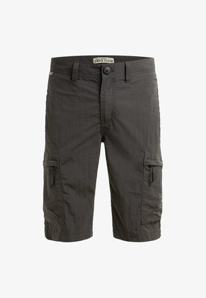 Dark gray men's cargo shorts with front button, belt loops, and zippered side pockets, knee-length, lightweight fabric.