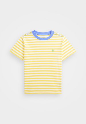 T-shirt a maniche corte giallo e bianco a righe con colletto blu e un piccolo logo verde sul petto sinistro. Materiale in cotone.