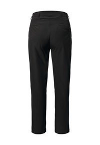 Schwarze Hose aus glattem, strukturiertem Stoff; verfügt über einen klassischen Bund, eine Gesäßtasche und ein gerades Bein-Design.