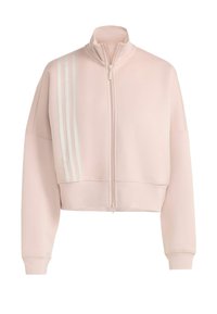 Giacca rosa a zip accorciata realizzata in materiale morbido, con tre strisce bianche sulla spalla sinistra e polsini a coste.