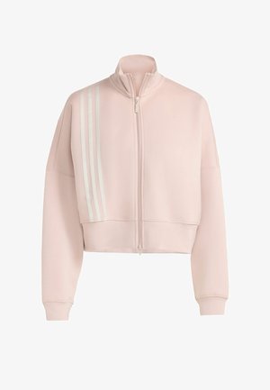 Kort rosa jacka med dragkedja, tillverkad av mjukt material, med tre vita ränder på vänster axel och ribbade ärmslut.