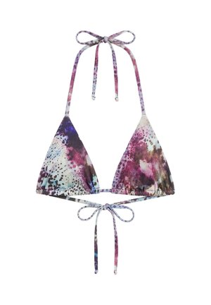 Trójkątny top od bikini z abstrakcyjnym wzorem w kolorach fioletowym, różowym i niebieskim, wiązany na szyi i plecach na białym tle.