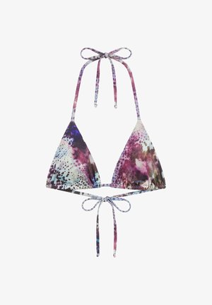 Haut de bikini triangle avec motif abstrait violet, rose et bleu, noué avec des bretelles au cou et dans le dos sur fond blanc.