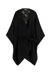 Kimono avvolgente nero realizzato in tessuto morbido, con maniche larghe, una cintura da annodare in vita e una fodera con motivo e design del logo.