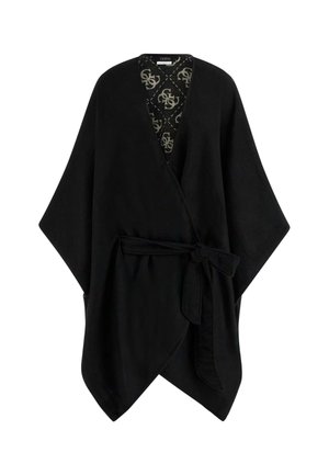 Schwarzer Wickelkimono aus weichem Stoff, mit weiten Ärmeln, einem Bindegürtel in der Taille und einem gefütterten Innenstoff mit einem Logodesign.