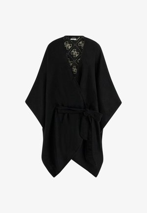 Czarny kimono w formie owijanej, wykonane z miękkiego materiału, z szerokimi rękawami, paskiem do związania w talii oraz wzorzystą podszewką z logo.