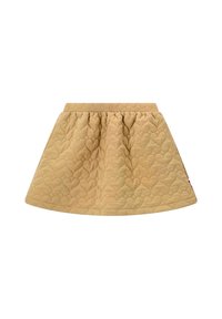 Jupe matelassée de couleur beige clair avec une coupe évasée. Dotée d'un motif en forme de cœur et d'une taille élastique. L'ourlet gauche comprend une petite étiquette rouge.