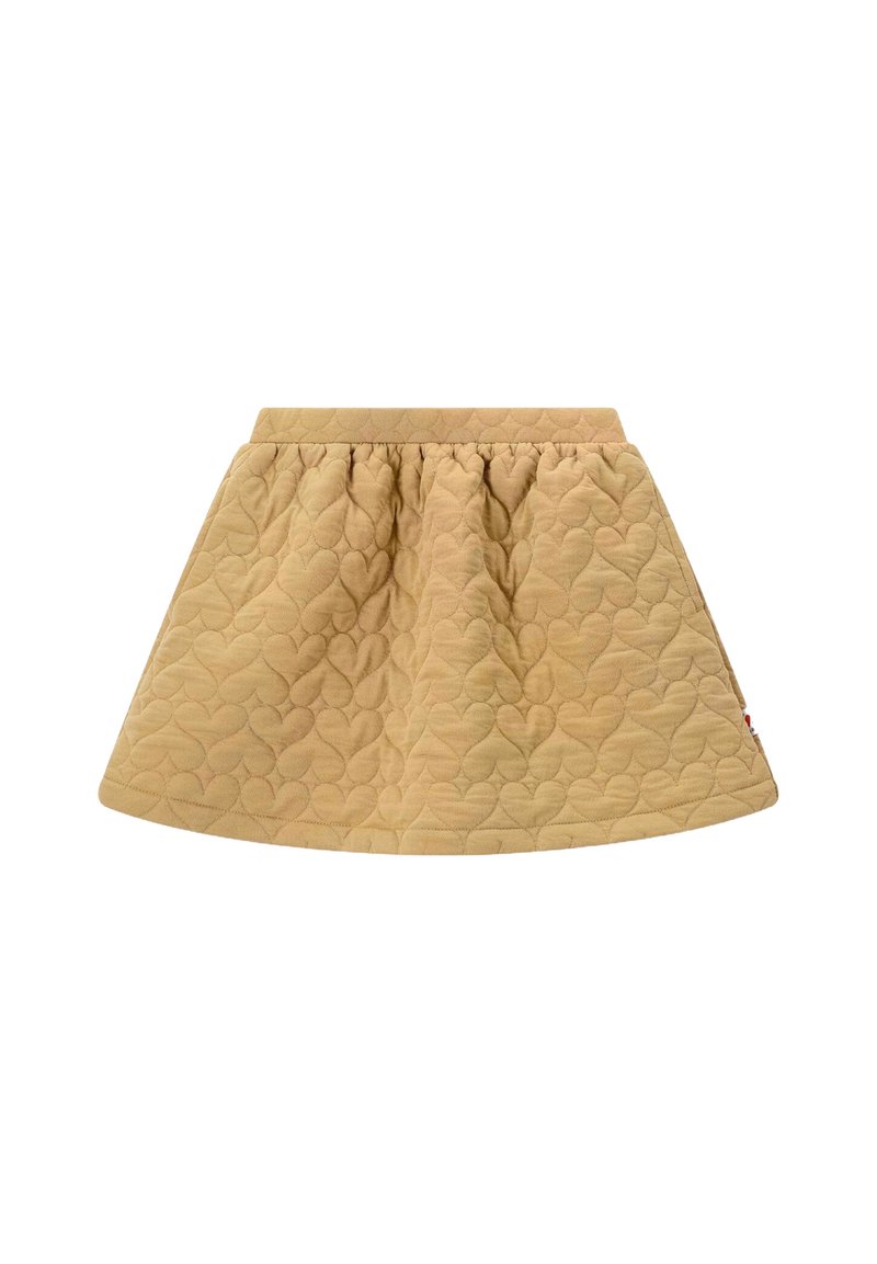Jupe matelassée de couleur beige clair avec une coupe évasée. Dotée d'un motif en forme de cœur et d'une taille élastique. L'ourlet gauche comprend une petite étiquette rouge.