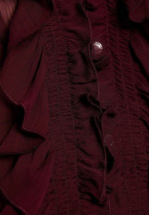 Blusa bordeaux con accenti arricciati, tessuto texture, dettagli increspati e chiusura con bottoni. Materiale liscio e leggero.