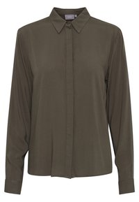 Chemise à manches longues vert olive en tissu lisse, dotée d'un col classique, d'une fermeture à boutons devant et d'une coupe droite pour un ajustement décontracté.