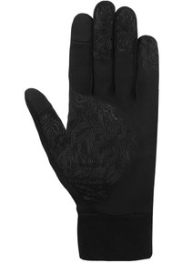 Gants noirs en tissu extensible avec un motif texturé sur la paume. Design simple, forme ajustée et poignet sans couture.