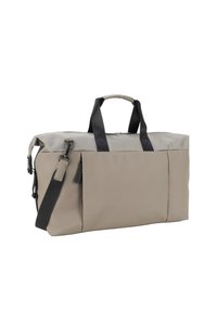 Béžová a světle šedá obdélníková taška na cestování s černými držadly, odnímatelným černým ramenním popruhem a hlavní kapsou na zip.