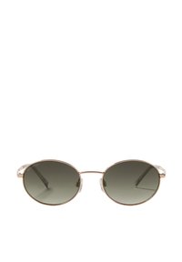 Okulary przeciwsłoneczne w kształcie okrągłym z cienką, różowozłotą metalową ramą, zielonymi soczewkami i przezroczystymi końcówkami zauszników. Charakteryzują się minimalistycznym designem.