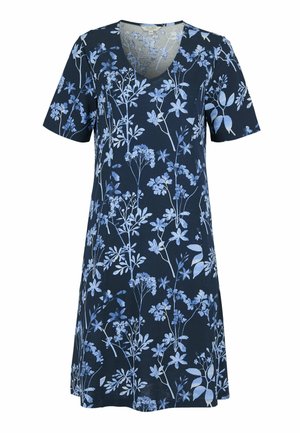 Robe à manches courtes bleu marine avec motif floral bleu clair, col en V, longueur au genou et coupe ample.