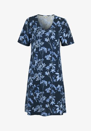 Robe à manches courtes bleu marine avec motif floral bleu clair, col en V, longueur au genou et coupe ample.