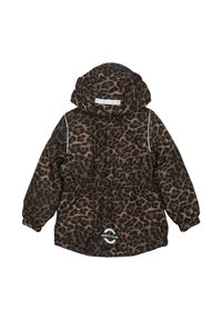 Leopardenmuster-Jacke mit Kapuze, elastischen Bündchen und tailliertem Schnitt. Verfügt über reflektierende Paspeln und das mikk-line Logo. Wasserdichtes Material.