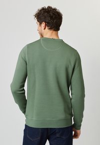 Grüner Sweatshirt mit Rundhalsausschnitt, langen Ärmeln und gerippten Bündchen. Der Stoff ist glatt mit einer feinen Textur und einer verstärkten hinteren Naht.
