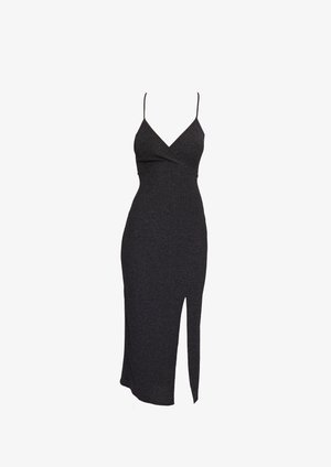 Black, sleeveless dress with a wrap design, featuring a thigh-high slit and a textured, metallic finish. Adjustable spaghetti straps.
