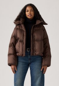 Giacca puffer marrone con design corto, bottoni a pressione e colletto alto. Presenta tasche laterali e una texture liscia e lucida.