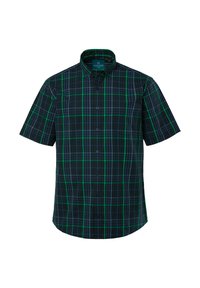 Camicia a maniche corte con bottoni, in una fantasia a quadri blu navy e verde. Presenta un colletto e una leggera texture con un design a vestibilità regolare.