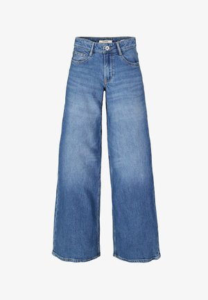 Weit geschnittene blaue Jeans aus Denim mit vorderer Knopfleiste und Reißverschluss, Taschen vorne und hinten sowie verblassten Details an Oberschenkeln und Knien.