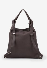 Borsa a tracolla nera in pelle con spallacci regolabili, chiusura con zip e accenti in metallo. Texture morbida e design ampio.
