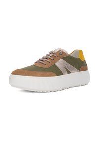Low-top sneaker with olive green fabric, tan suede accents, white textured stripes, a thick white sole, and a yellow heel tab.