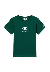 Maglietta corta verde Champion con logo bianco sul petto e piccolo logo sulla manica sinistra, design con collo tondo.
