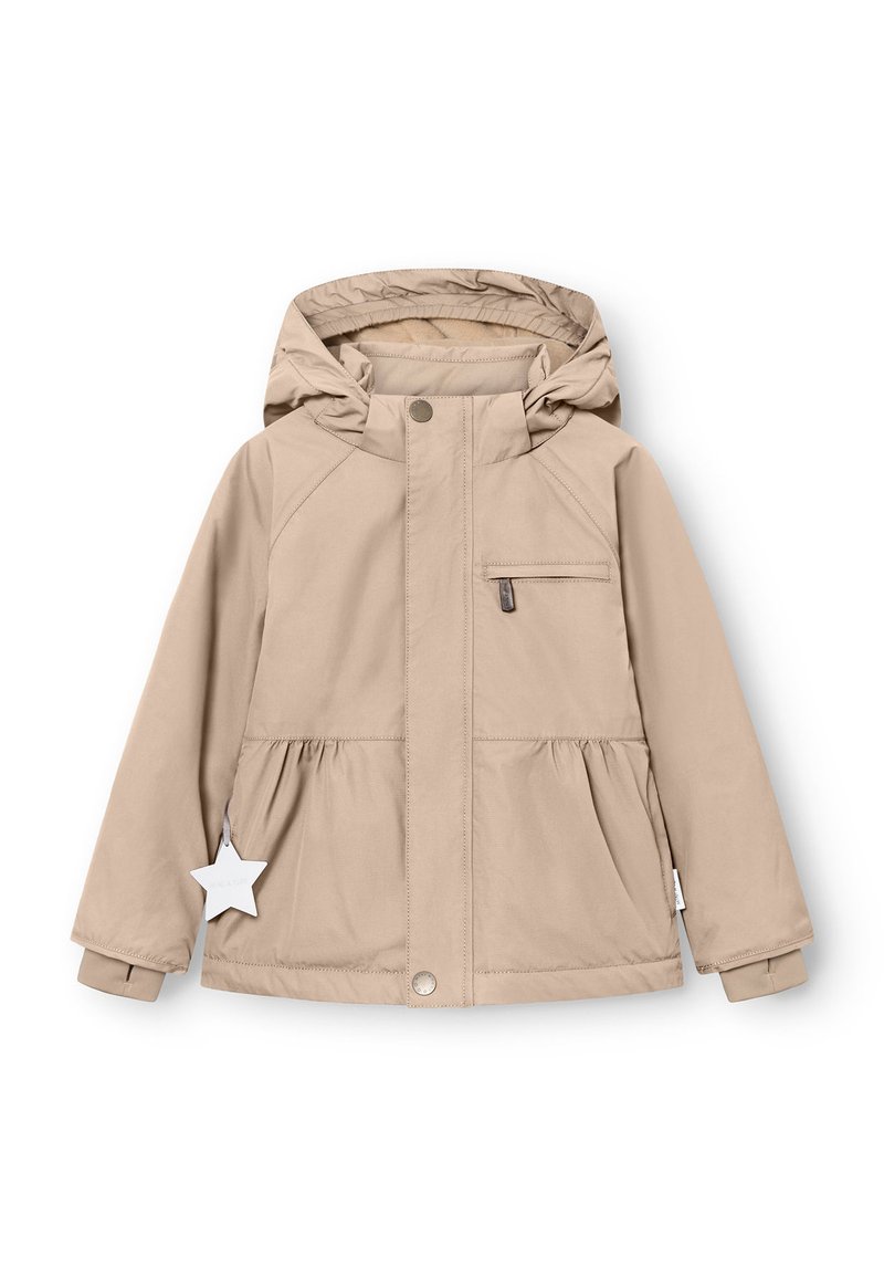 Veste beige clair avec capuche amovible, fermeture éclair à l'avant et bouton-pression. Dispose d'une poche poitrine et d'une taille élastique avec un design peplum.