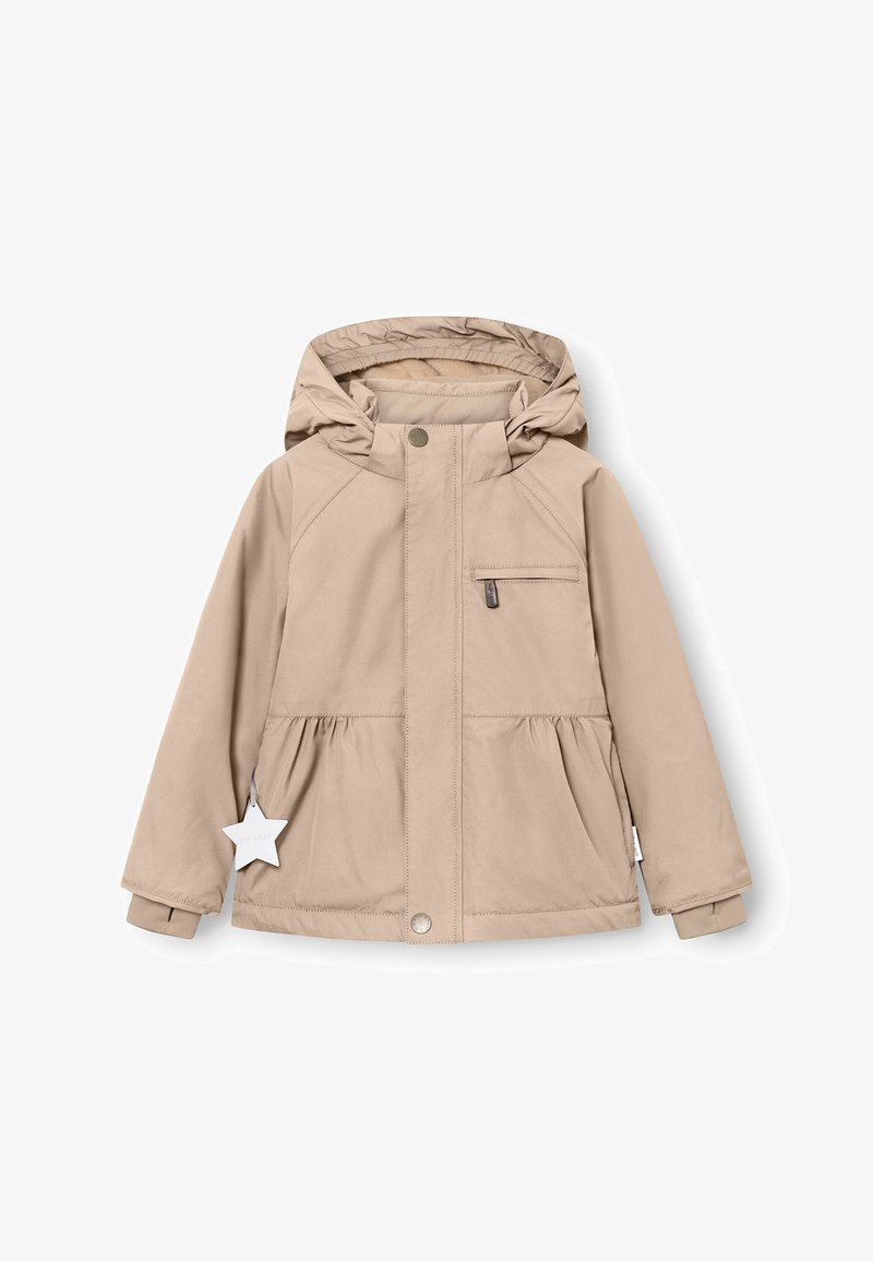 Helles beiges Jackett mit abnehmbarer Kapuze, Frontreißverschluss und Druckknopfschluss. Verfügt über eine Brusttasche und einen elastischen Bund mit einem Peplum-Design.