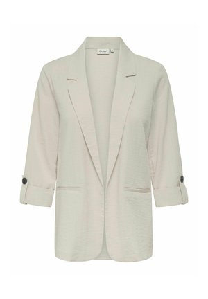 Hellbeige Blazer mit entspannter Passform, ausgestattet mit einem Kragen, hochgerollten Ärmeln mit Knopfakzenten und zwei vorderen Taschen. Strukturiertes Gewebe.