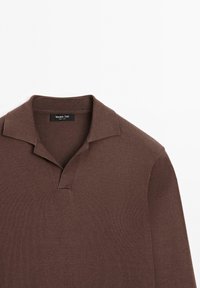 Bruine gebreide polo met een v-hals, korte kraag en een gestructureerde afwerking. Etiket leest "Massimo Dutti." Standaard pasvorm.