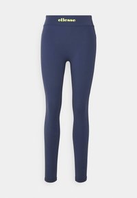 Marina leggings gjorda av elastiskt material, med ett högt midjeband som har "ellesse"-logotypen i gult över framsidan. Slät textur, åtsittande form.