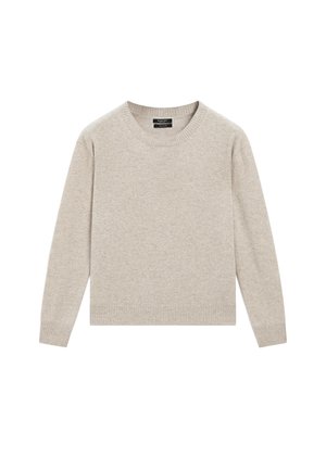 Beige Strickpullover, Rundhalsausschnitt, lange Ärmel, gerippte Bündchen und Saum, weiche Textur, schlichtes Design ohne Muster oder Verzierungen.