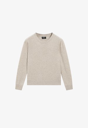 Beige striktrøje, rund hals, lange ærmer, ribbede manchetter og søm, blød tekstur, enkelt design uden mønstre eller udsmykninger.