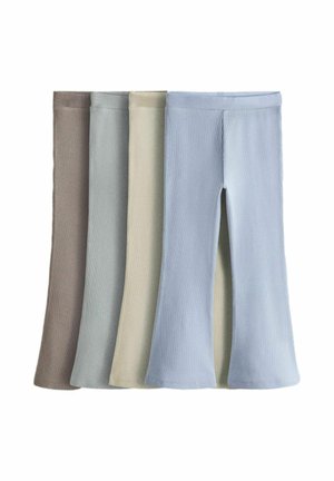 Four pairs of ribbed knit flare pants in brown, light gray, beige, and light blue, laid flat side by side on white background.