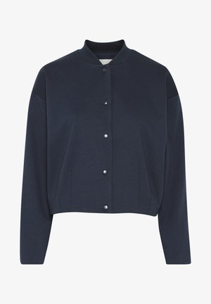 Cardigan corto blu navy realizzato in tessuto testurizzato, con colletto rotondo e cinque bottoni grigi sul davanti, dotato di maniche lunghe.