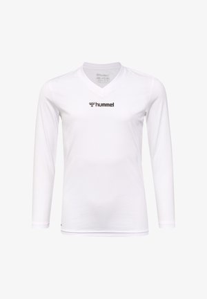 Witte sportshirt met lange mouwen, een V-hals en een geribbelde textuur. Voorzien van een zwart "hummel" logo op de borst.