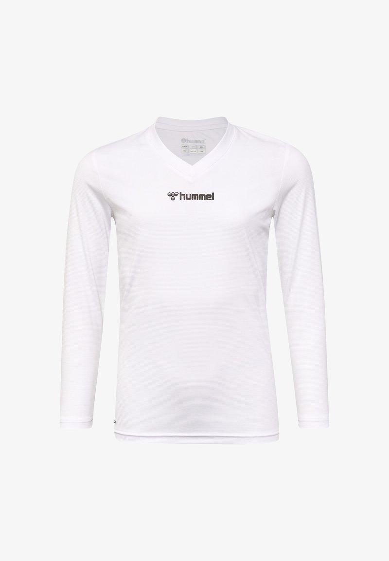 Langarmige weiße Sportshirt mit V-Ausschnitt und gerippter Textur. Mit einem schwarzen "hummel"-Logo auf der Brust.