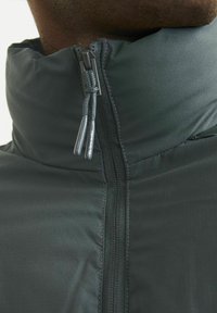 Graue isolierte Jacke mit hohem Kragen, Frontreißverschluss mit Kordelzügen und subtiler strukturiertem Stoffmuster.