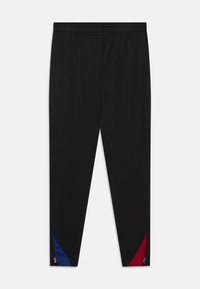 Black athletic pants with an elastic waistband, featuring color-blocked accents in blue and red at the lower sides and zippers for ventilation.