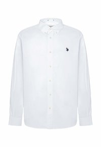 Camicia bianca a maniche lunghe, realizzata in tessuto liscio. Presenta un piccolo logo blu sul lato sinistro del petto e bottoni beige.