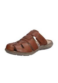 Brown leather slide sandal with cut-out design, textured straps, and a cushioned footbed. Features a durable rubber sole for grip.