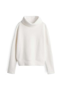 Pull-over court blanc en tissu doux et texturé. Présente un col roulé haut et des manches longues.