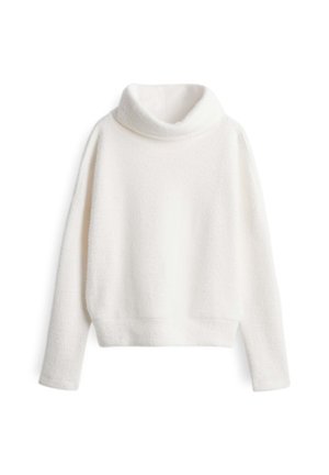 Weißer, kurzer Pullover aus einem weichen, strukturierten Stoff. Verfügt über einen hohen, umgeschlagenen Rollkragen und lange Ärmel.